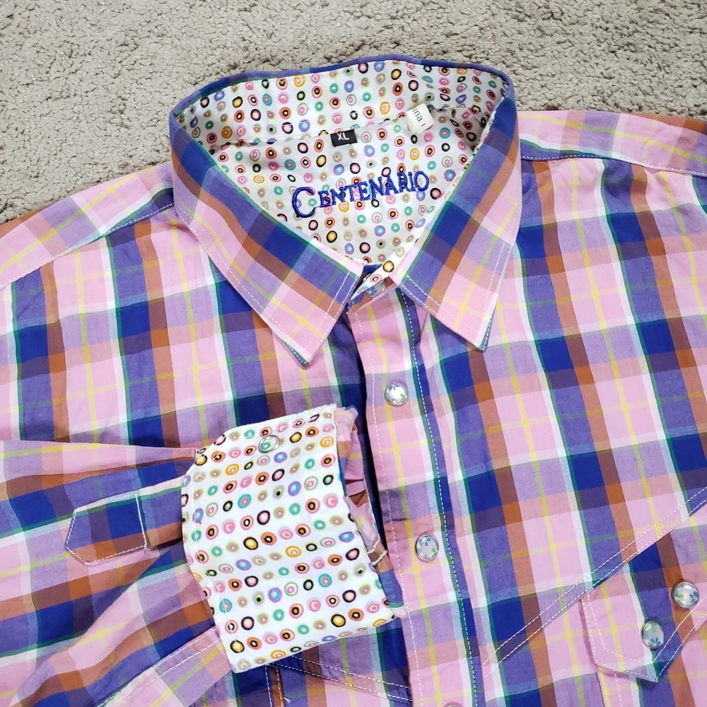 Mens Colorful Snap Shirt XL Pink Plaid Geometric Flip Cuff Western Rockabilly